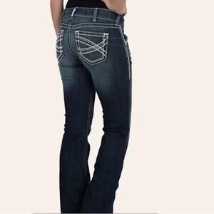 Ariat Women's 30 R jeans distressed Blue Boot Cut size 30 x 31 1/2”